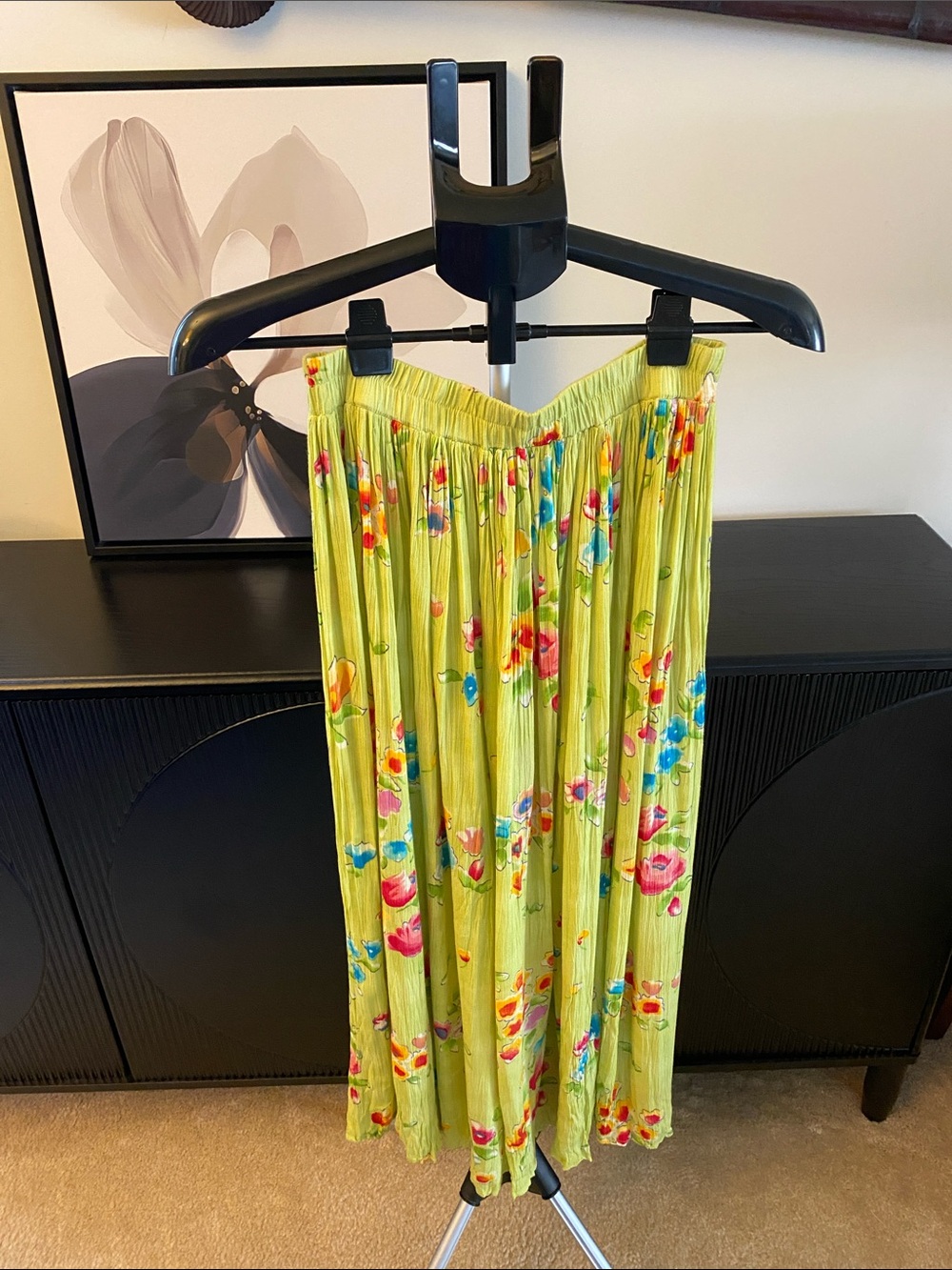 Coldwater Creek Lime Green Floral Broomstick Skirt
